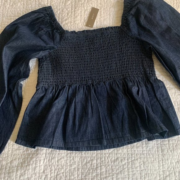 NWT J. Crew Puff-Sleeve Dark Blue Rinse Chambray Denim Smocked Top, size Large - Picture 7 of 8